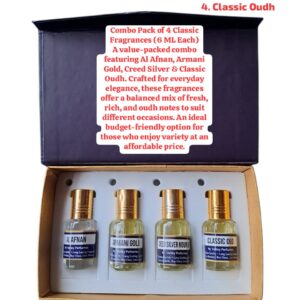 Combo Pack of 4 Flavours 6 ML Each, Al Afnan, Armani Gold, Creed Silver & Classic Oudh
