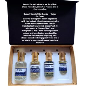 Combo Pack of 4 Attars, Ice Berg 12ml, Choco Musk 6ml, Jannat ul Firdous 6ml & Evergreen 3ml