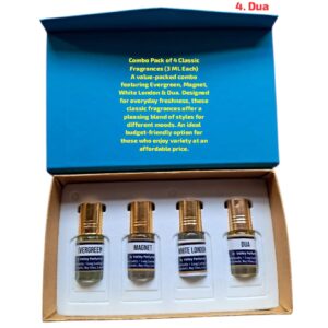 Combo Pack of 4 Flavours 3 ML Each , Evergreen, Magnet, White London & Dua