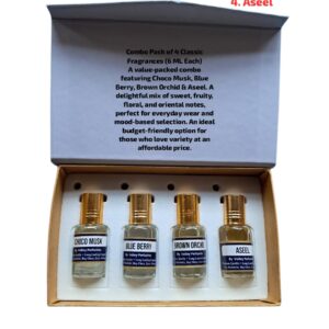 Combo Pack of 4 Flavours 6 ML Each, Choco Musk, Blue Berry, Brown Orchid & Aseel
