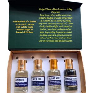 Combo Pack of 4 Attars 12 ML Each , Honey Oud, White Oudh, Arabian Night & Jannat ul Firdous