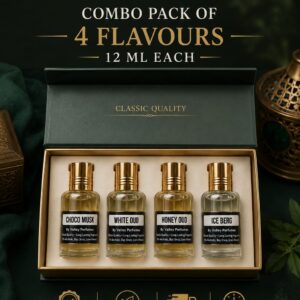 Combo Pack of 4 Flavours 12ml Each Classic Quality Choco Musk, White Oud , Honey Oud & Ice Berg