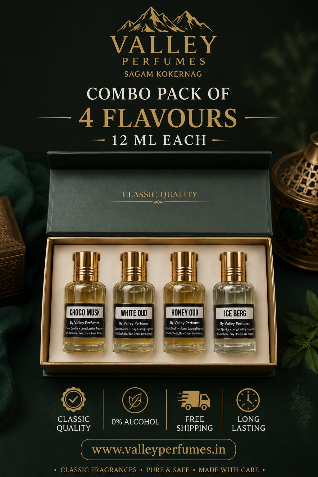 Combo Pack of 4 Flavours 12ml Each Classic Quality Choco Musk, White Oud , Honey Oud & Ice Berg