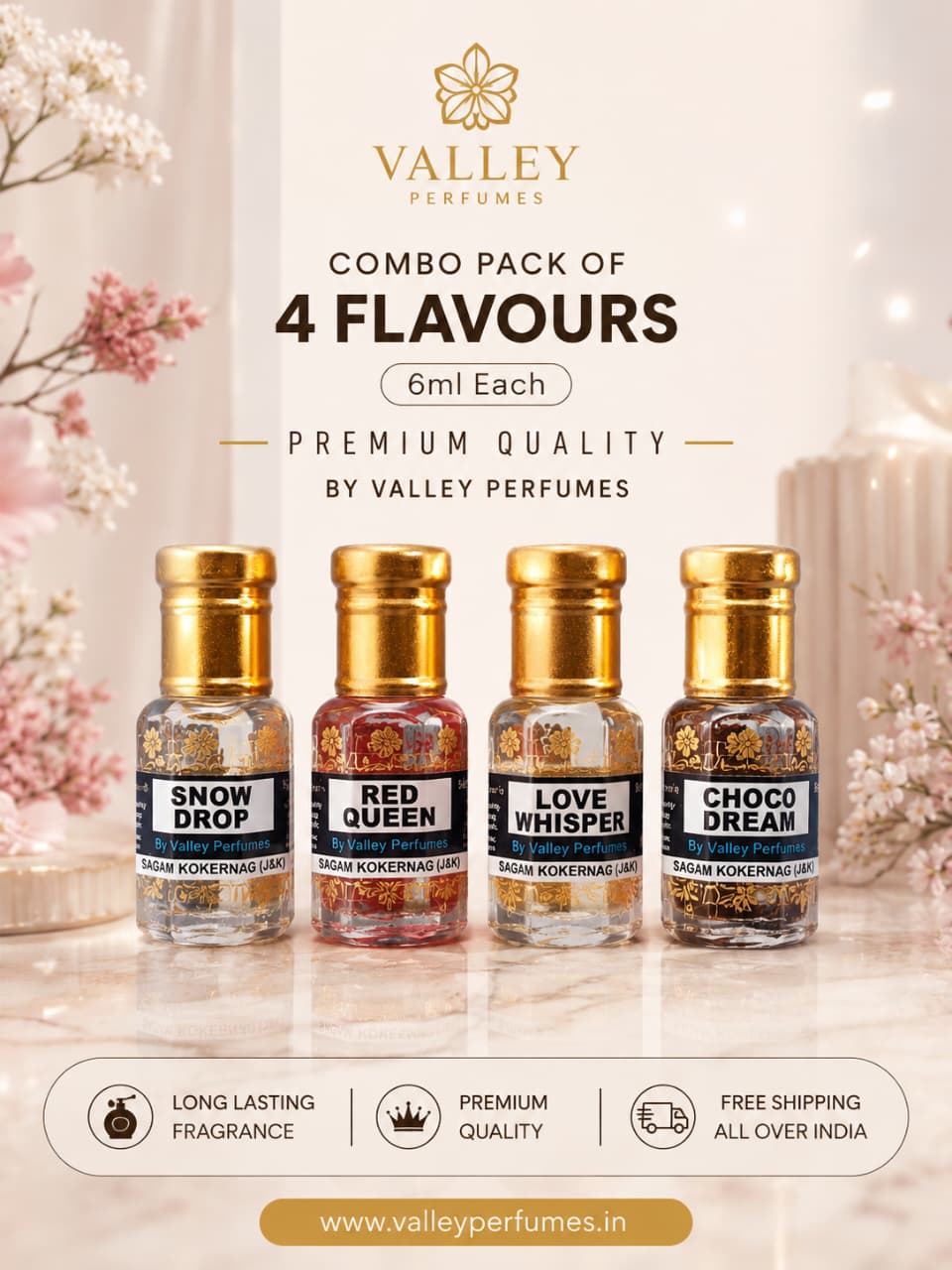 Combo Pack of 4 Flavours 6ml Each Snow Drop, Red Queen, Love Whisper & Choco Dream