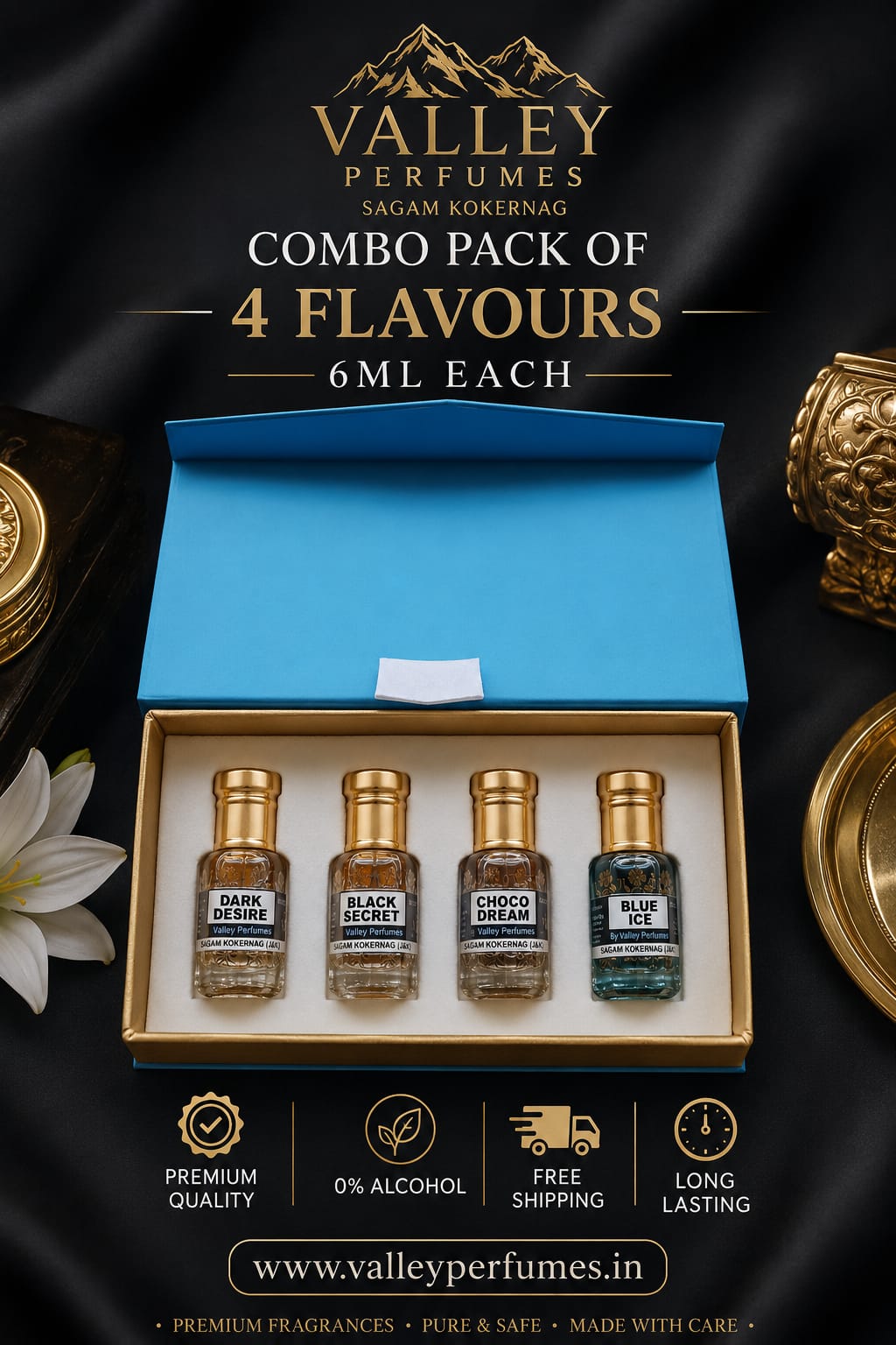 Combo Pack of 4 Flavours 6ml Each Dark Desire, Black Secret, Choco Dream & Blue Ice