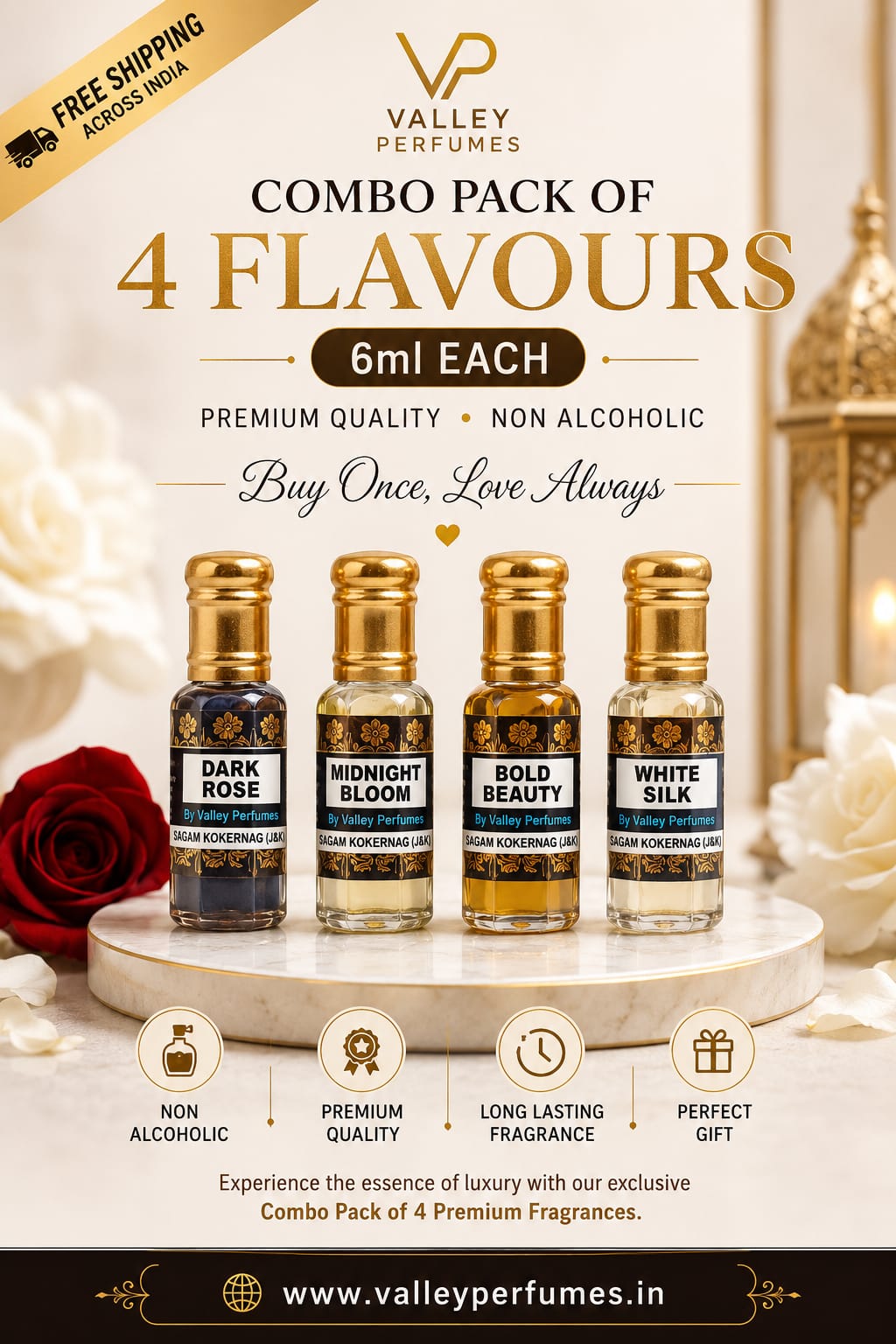 Combo Pack of 4 Flavours 6ml Each Dark Rose, Midnight Bloom, Bold Beauty & White Silk