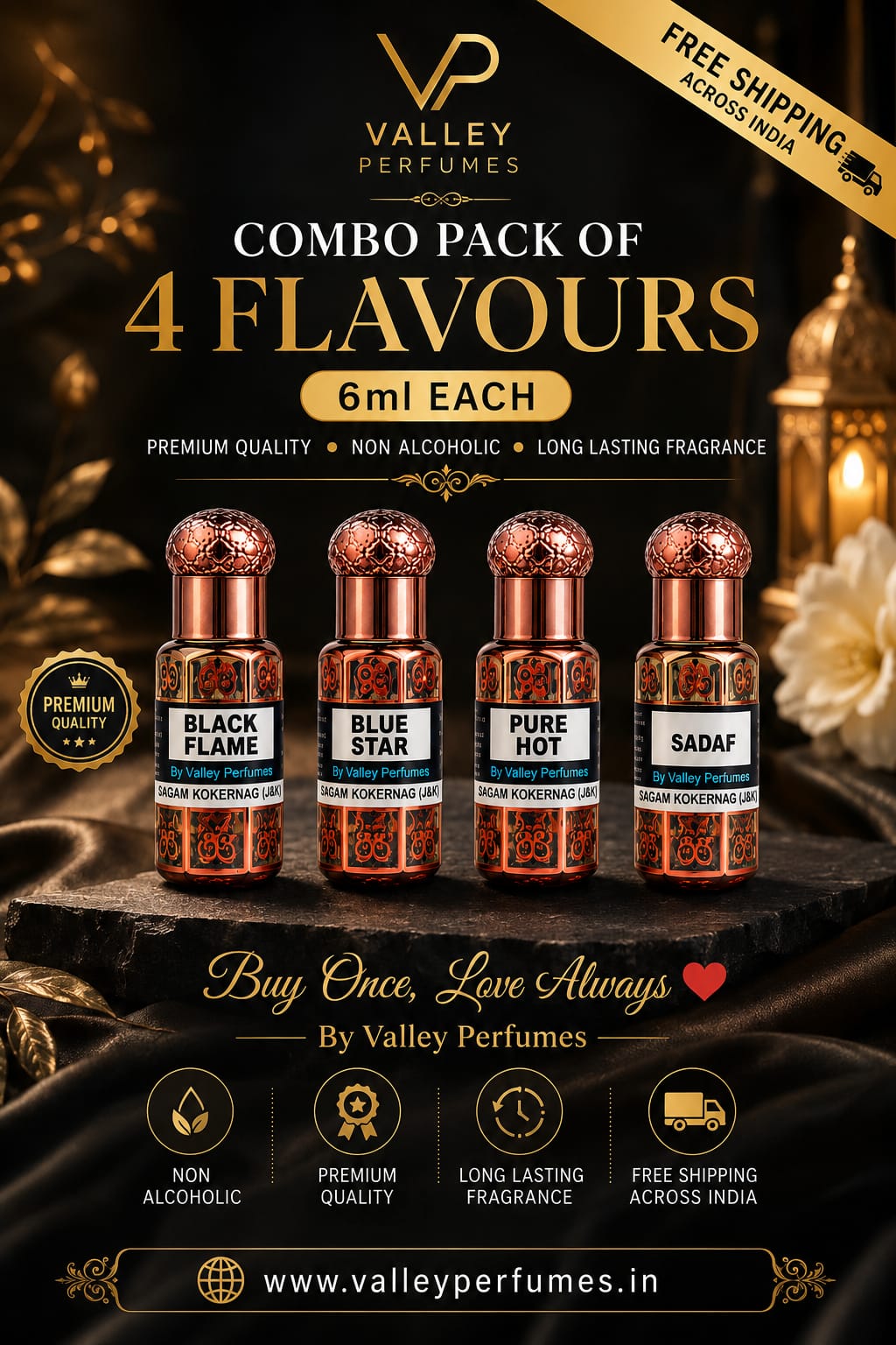 Combo Pack of 4 Flavours 6ml Each Black Flame, Blue Star, Pure Hot & Sadaf