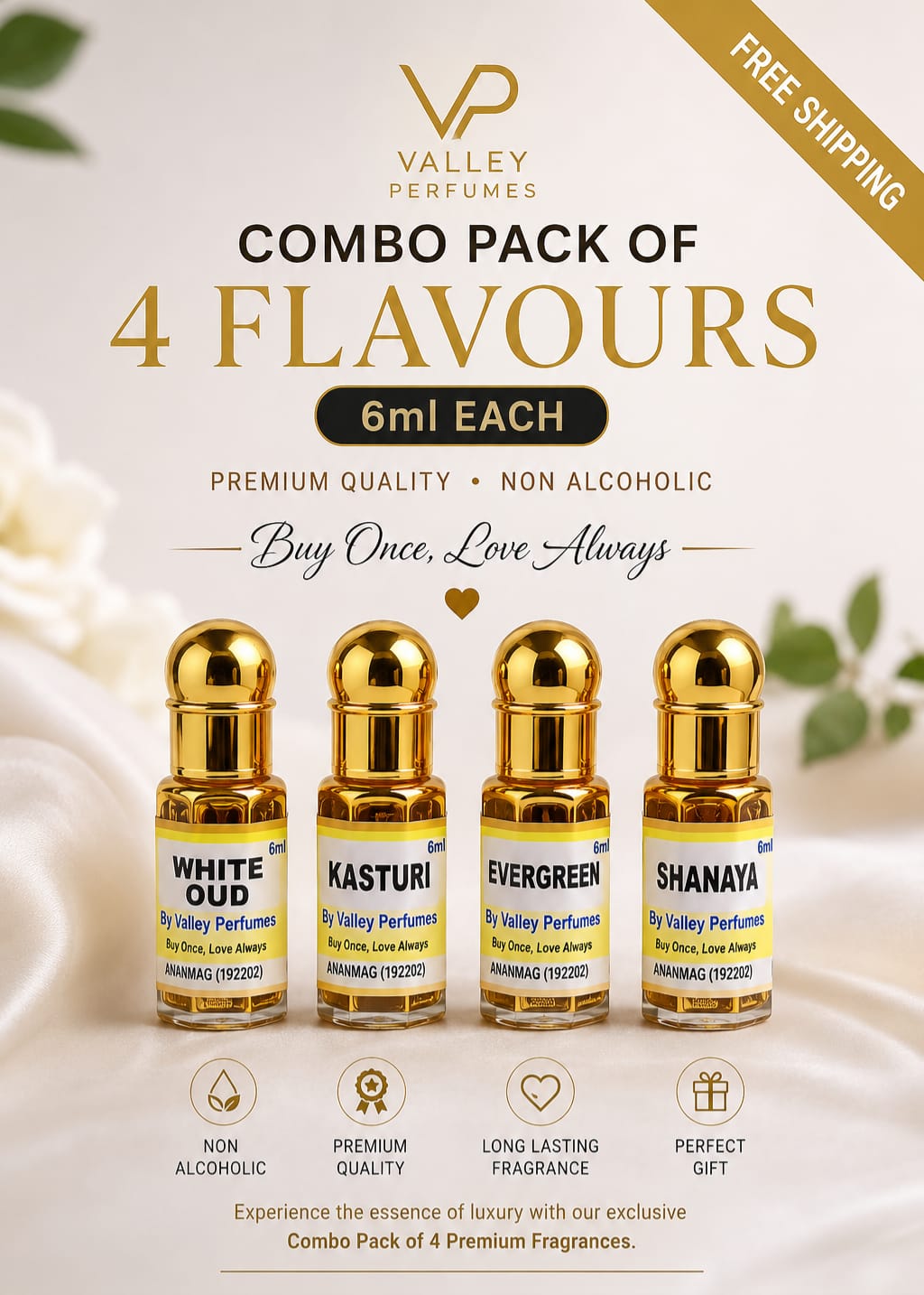 Combo Pack of 4 Flavours 6ml Each White Oud, Kasturi, Evergreen & Shanaya