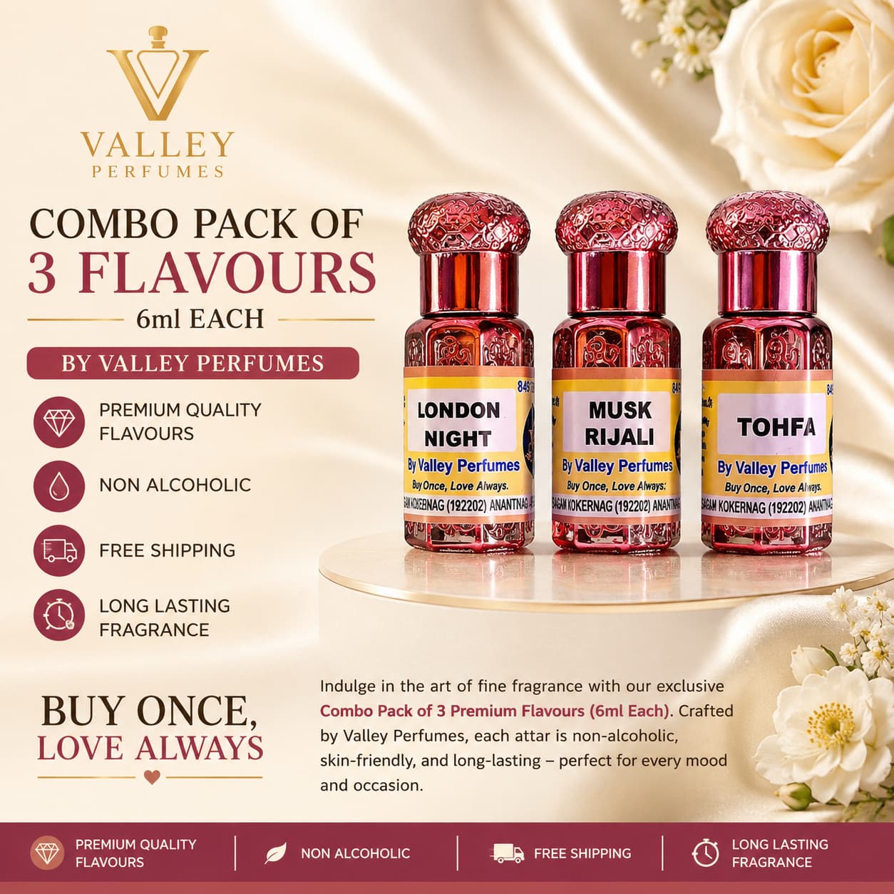 Combo Pack of 3 Flavours 6ml Each London Night, Musk Rijali & Tohfa