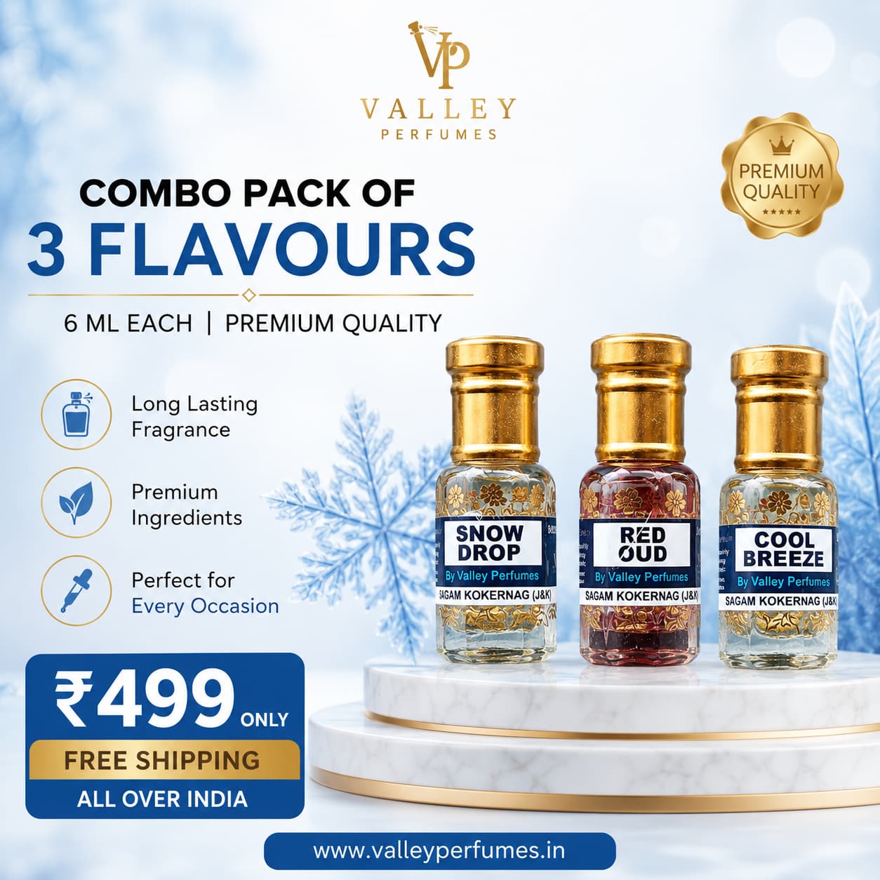 Combo Pack of 3 Flavours Snow Drop, Red Oud & Cool Breeze 6ml Each